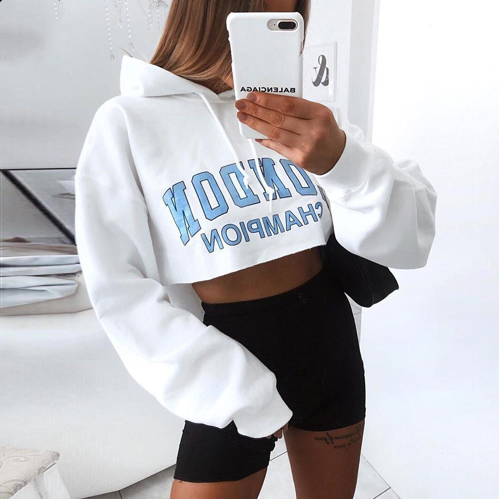 Long Sleeve Short Sweatshirt Blue Letter White Hooded Cropped Hoodies - Jayariele one stop shop