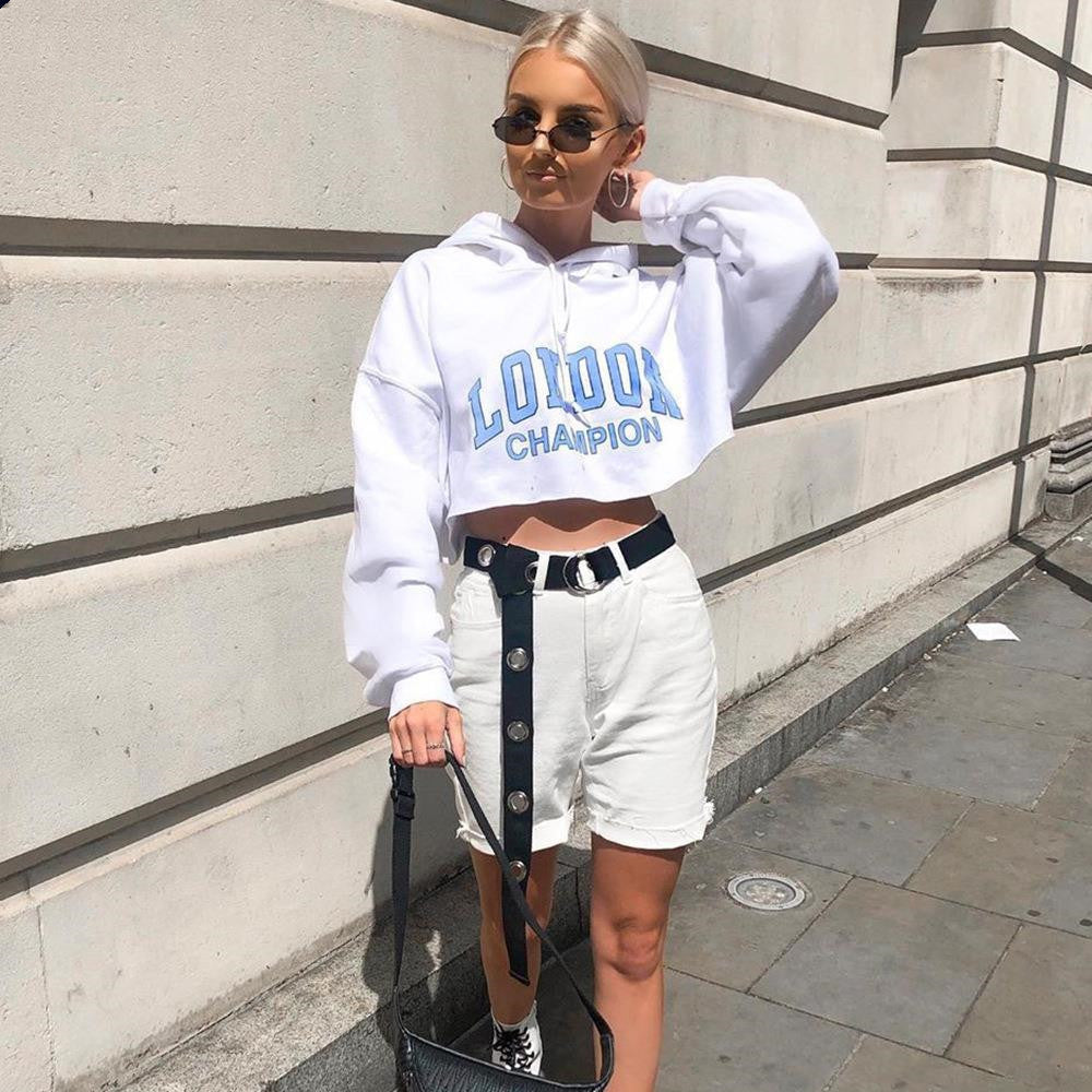 Long Sleeve Short Sweatshirt Blue Letter White Hooded Cropped Hoodies - Jayariele one stop shop