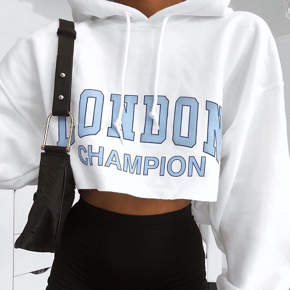 Long Sleeve Short Sweatshirt Blue Letter White Hooded Cropped Hoodies - Jayariele one stop shop