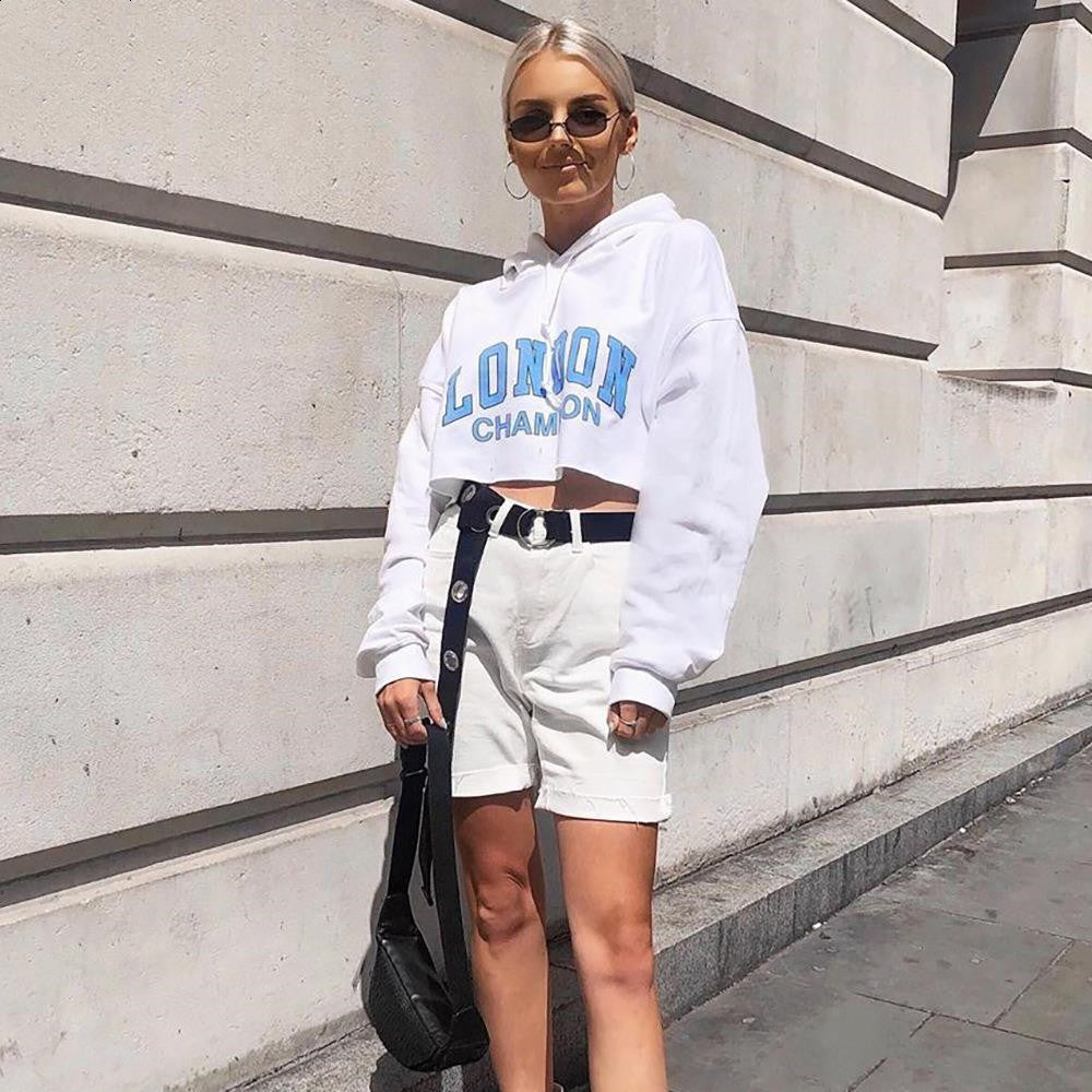 Long Sleeve Short Sweatshirt Blue Letter White Hooded Cropped Hoodies - Jayariele one stop shop