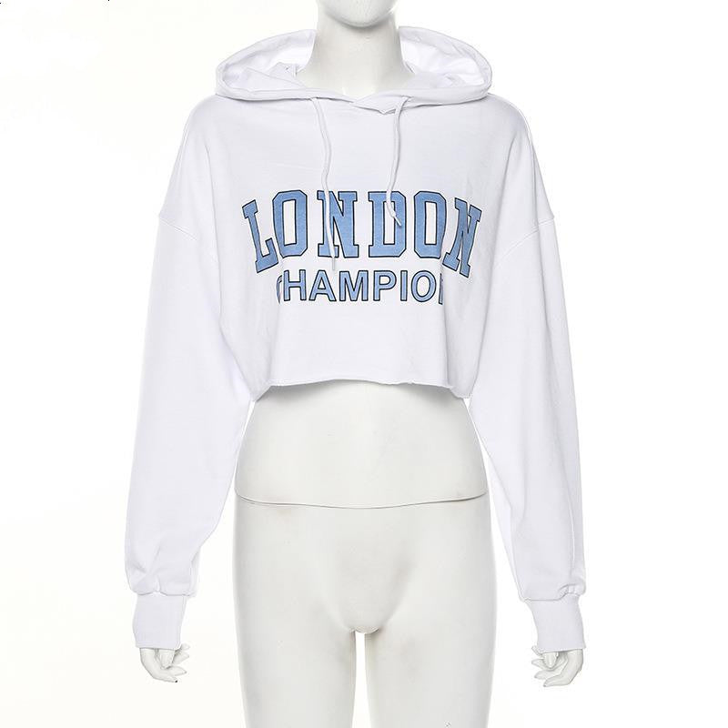 Long Sleeve Short Sweatshirt Blue Letter White Hooded Cropped Hoodies - Jayariele one stop shop