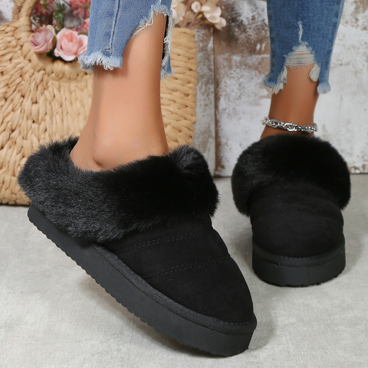 Winter Plush Slippers Home Thick-soled Warm Cotton Slippers Women Outdoor Garden Shoes - Jayariele one stop shop