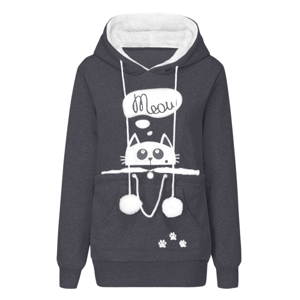 Casual Cat Print Hoodie With Big Pocket For Pets Long Sleeve Sweater Women Hooded Tops Clothes - Jayariele one stop shop