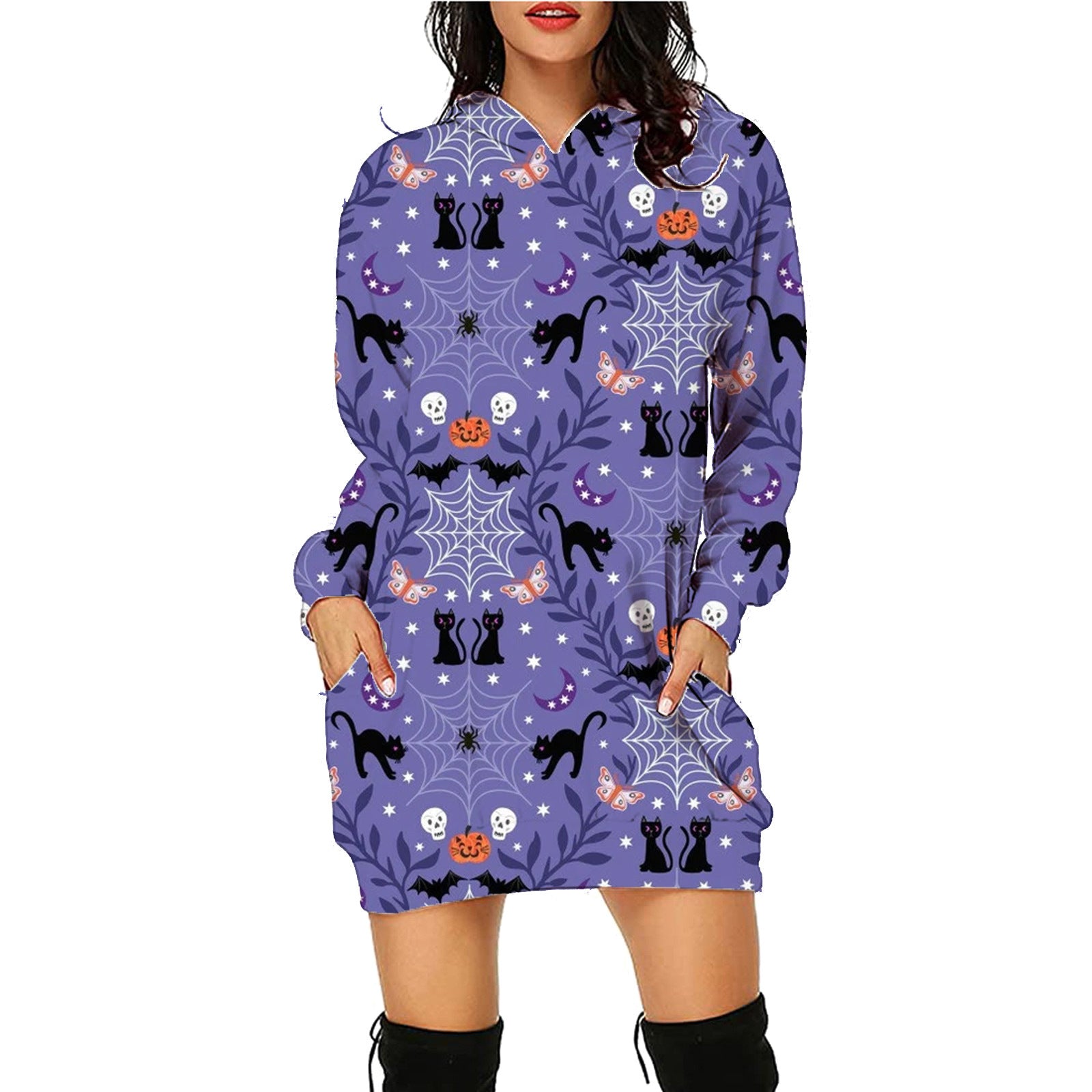 Halloween Print Long Hoodie With Pockets Sweater Long Sleeve Clothes Women - Jayariele one stop shop