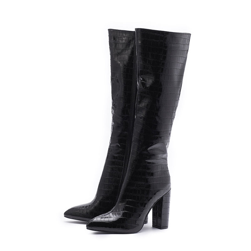 Fashion Boots Winter Pointed Toe High Square Heel Shoes With Side Zipper Mid-calf Boots Women - Jayariele one stop shop