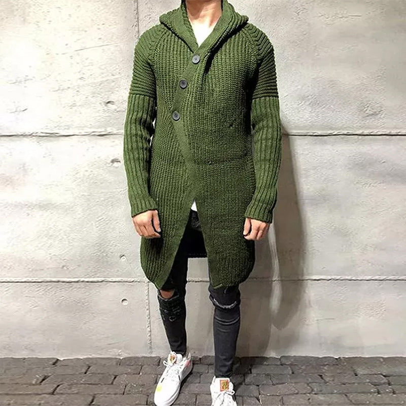 Long Knitted Hooded Sweater Coat Men Solid Color Button Casual Clothes - Jayariele one stop shop