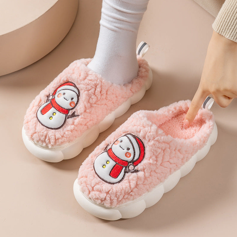 Cute Snowman Slippers Winter Indoor Household Warm Plush Thick-Soled Anti-slip Couple Home Slipper Soft Floor Bedroom House Shoes - Jayariele one stop shop
