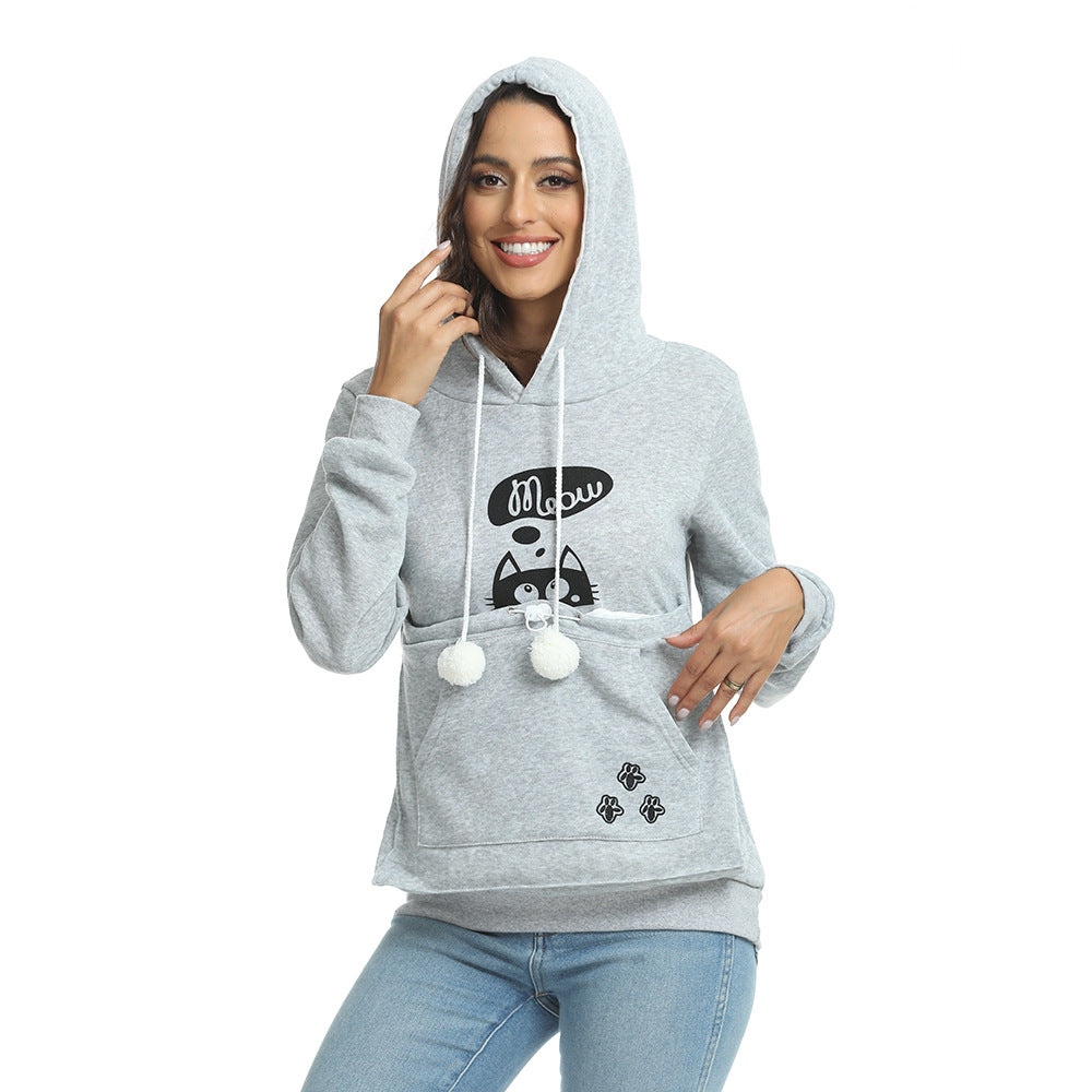 Casual Cat Print Hoodie With Big Pocket For Pets Long Sleeve Sweater Women Hooded Tops Clothes - Jayariele one stop shop