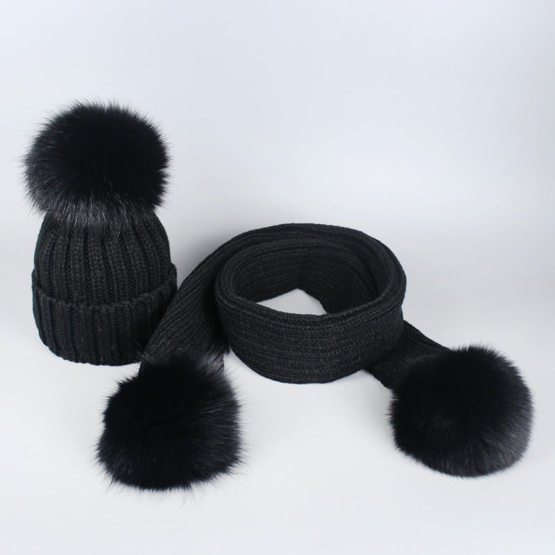 Knitted Hat Scarf Men's And Women's Autumn And Winter Warm Fox Fur Ball Wool Ball - Jayariele one stop shop