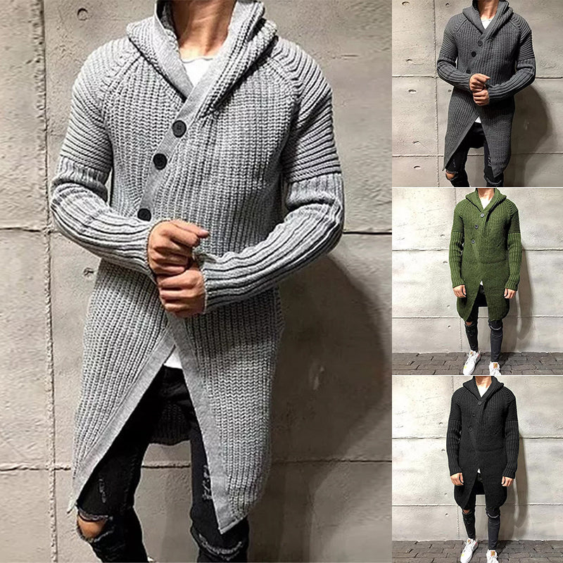 Long Knitted Hooded Sweater Coat Men Solid Color Button Casual Clothes - Jayariele one stop shop
