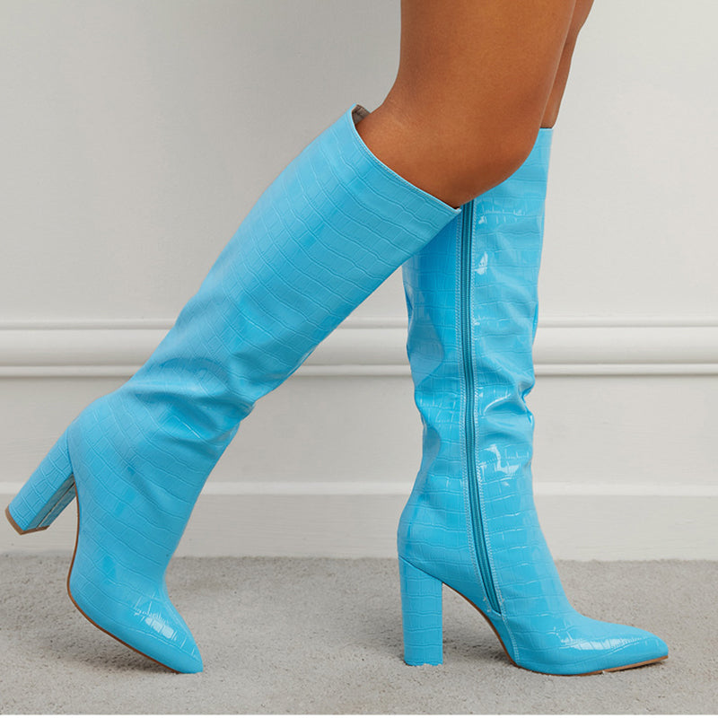Fashion Boots Winter Pointed Toe High Square Heel Shoes With Side Zipper Mid-calf Boots Women - Jayariele one stop shop