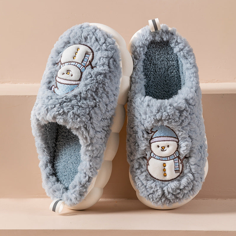 Cute Snowman Slippers Winter Indoor Household Warm Plush Thick-Soled Anti-slip Couple Home Slipper Soft Floor Bedroom House Shoes - Jayariele one stop shop