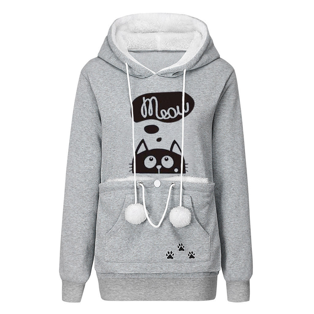 Casual Cat Print Hoodie With Big Pocket For Pets Long Sleeve Sweater Women Hooded Tops Clothes - Jayariele one stop shop