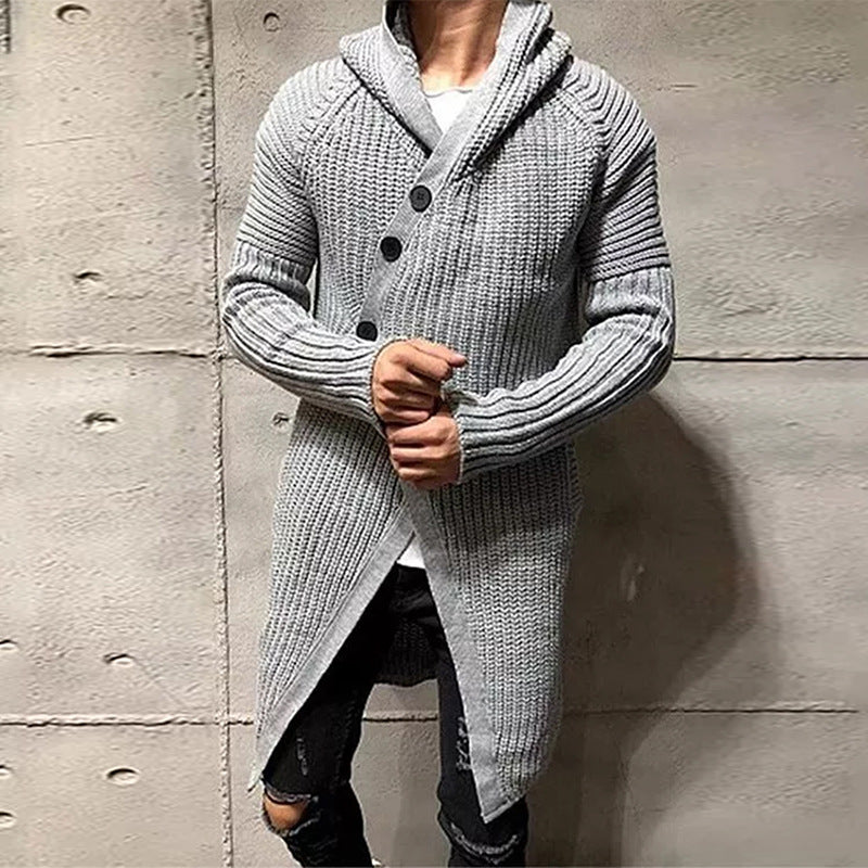 Long Knitted Hooded Sweater Coat Men Solid Color Button Casual Clothes - Jayariele one stop shop