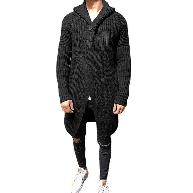 Long Knitted Hooded Sweater Coat Men Solid Color Button Casual Clothes - Jayariele one stop shop