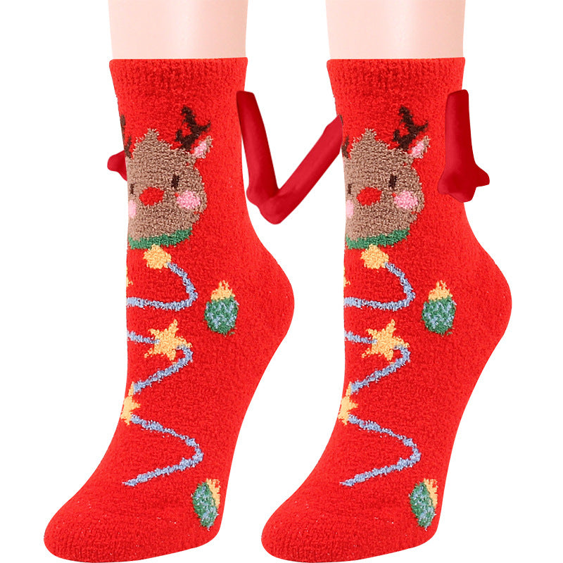 Christmas Supplies Magnetic Suction Hand In Hand Couple Socks Coral Fleece Tube Socks Warm Slipper Bed Socks Winter Soft Warm Slipper - Jayariele one stop shop