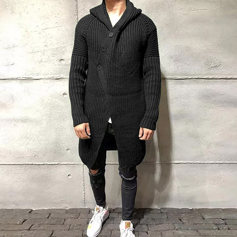 Long Knitted Hooded Sweater Coat Men Solid Color Button Casual Clothes - Jayariele one stop shop