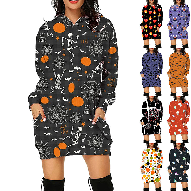 Halloween Print Long Hoodie With Pockets Sweater Long Sleeve Clothes Women - Jayariele one stop shop