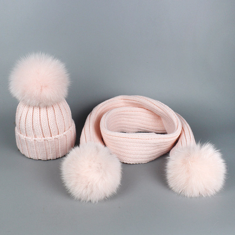 Knitted Hat Scarf Men's And Women's Autumn And Winter Warm Fox Fur Ball Wool Ball - Jayariele one stop shop