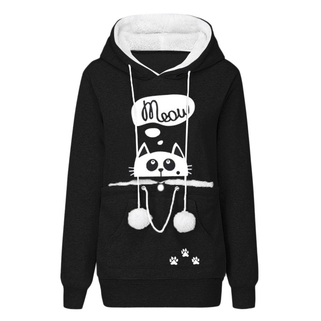 Casual Cat Print Hoodie With Big Pocket For Pets Long Sleeve Sweater Women Hooded Tops Clothes - Jayariele one stop shop