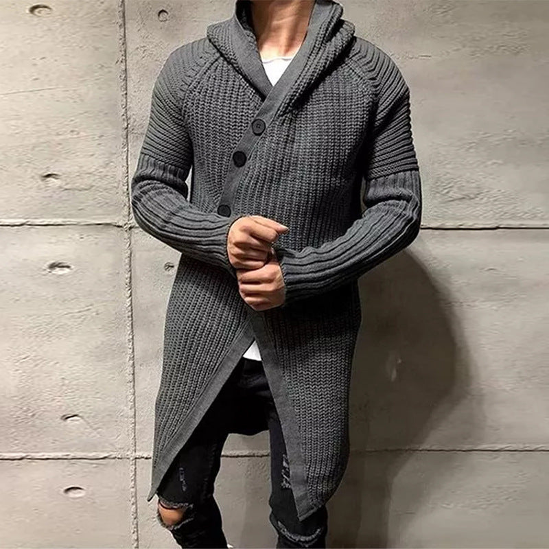 Long Knitted Hooded Sweater Coat Men Solid Color Button Casual Clothes - Jayariele one stop shop