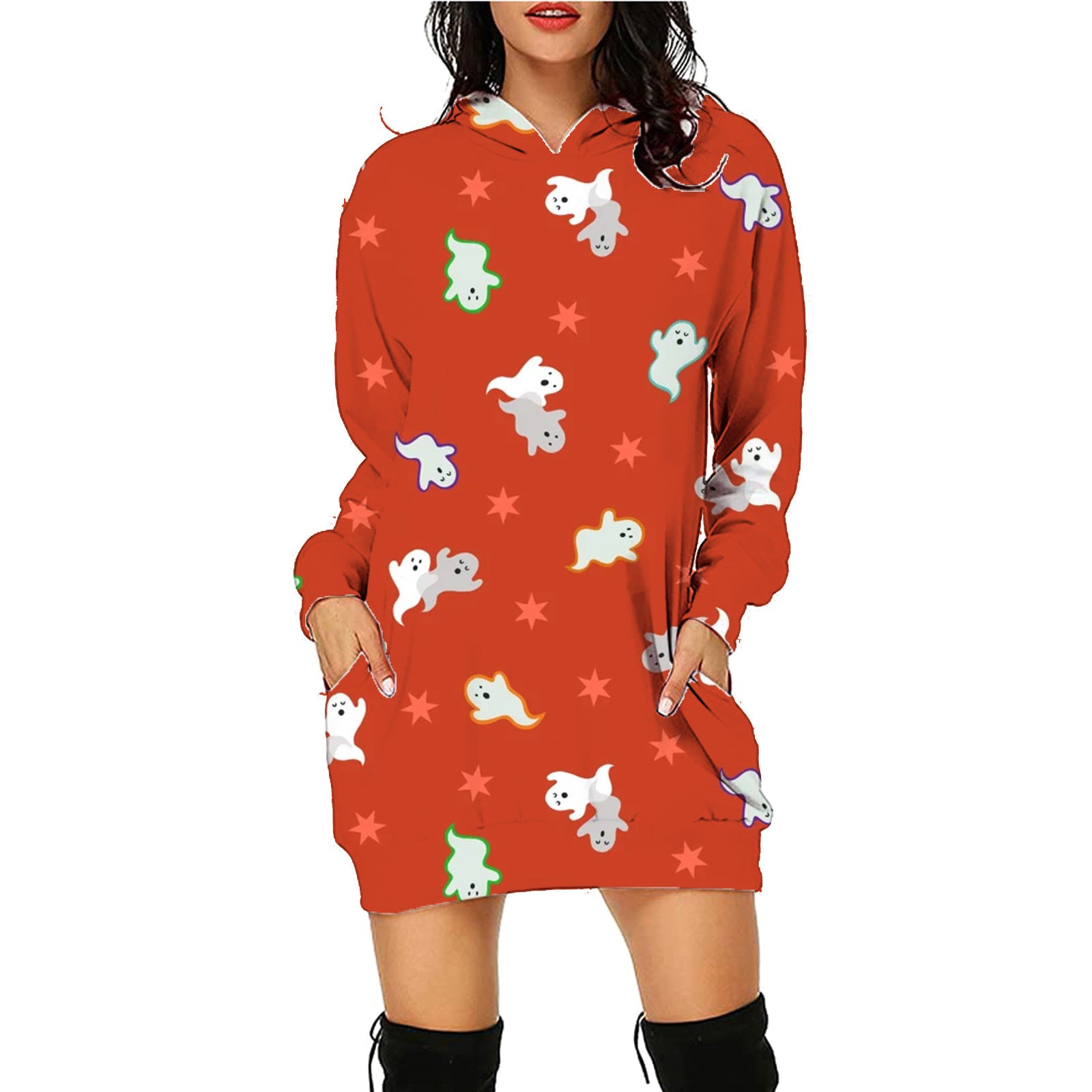 Halloween Print Long Hoodie With Pockets Sweater Long Sleeve Clothes Women - Jayariele one stop shop